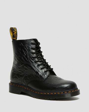 Botas con Cordones Dr Martens 1460 Flames Emboss Cuero Mujer Negros | MX 612NWY